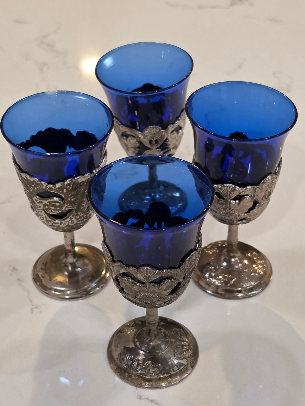Vintage Silver- Plate Cobalt Blue Cordial Glasses Set Of 4